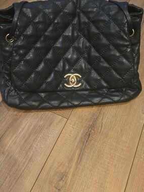 CHANEL 2011 Large Vintage Black Quilted Shoulder Bag with Gold CC